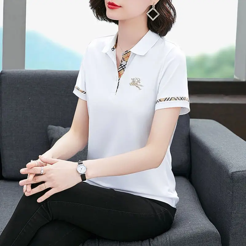 2023 Summer Cotton Women's Short Sleeve Lapel Polo Shirt Female Casual Solid Tee Shirts slim golf polo shirts embroidery logo