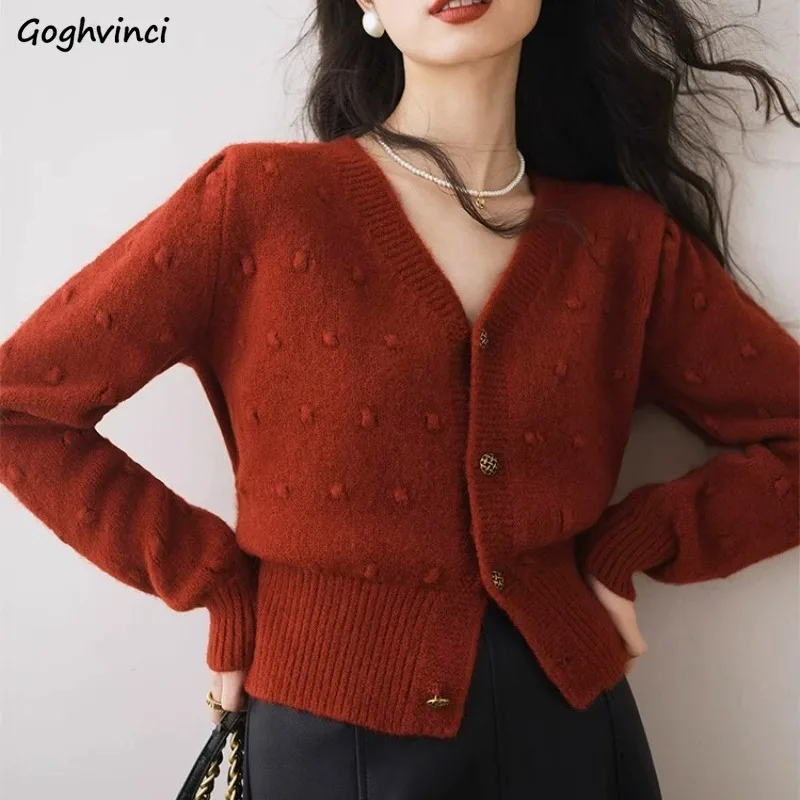 Cardigan Women Vintage V-neck Korean Fashion Knitted Jacquard Elegant Temper All-match Design Soft Solid Autumn Coats Popular