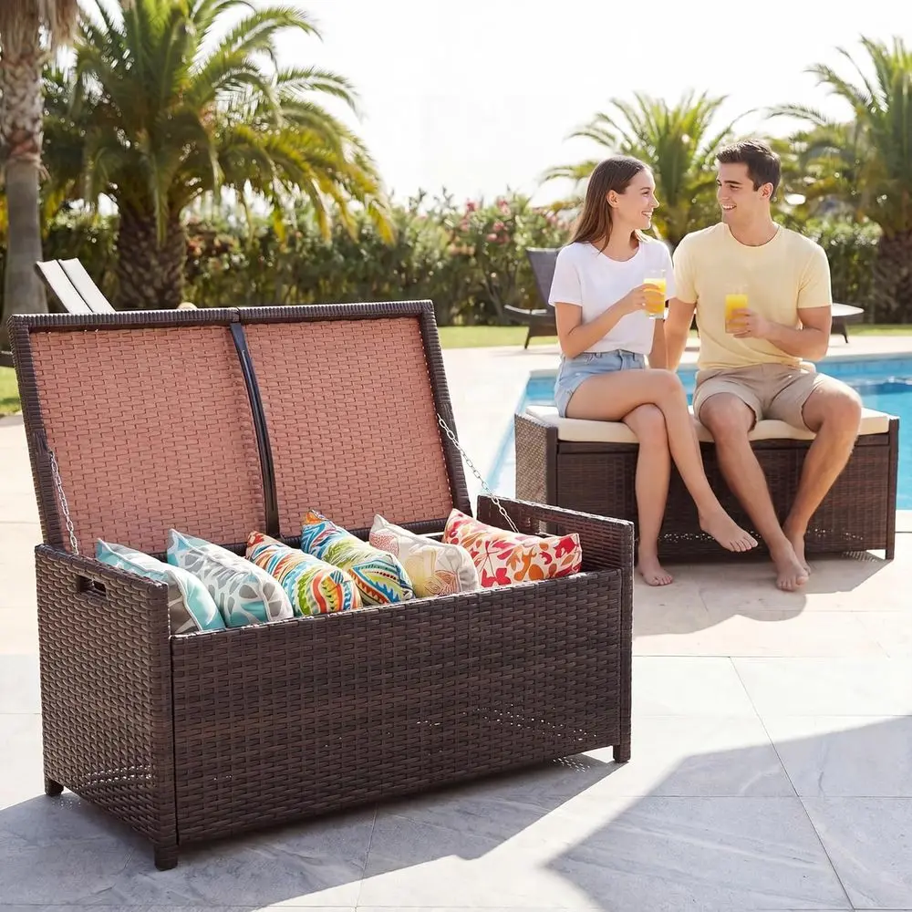 All-Weather Wicker Deck Box Bench, 55 Gallon Outdoor Storage with Cushions and Waterproof Bag, Rattan Storage for Pool and Garde