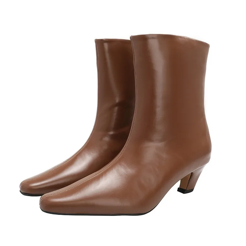 

Новые черные, коричневые короткие ботинки на тонком каблуке с маленьким квадратным носком, женские осенне-зимние модные ботильоны «Челси» для поездок на работу и отдыха