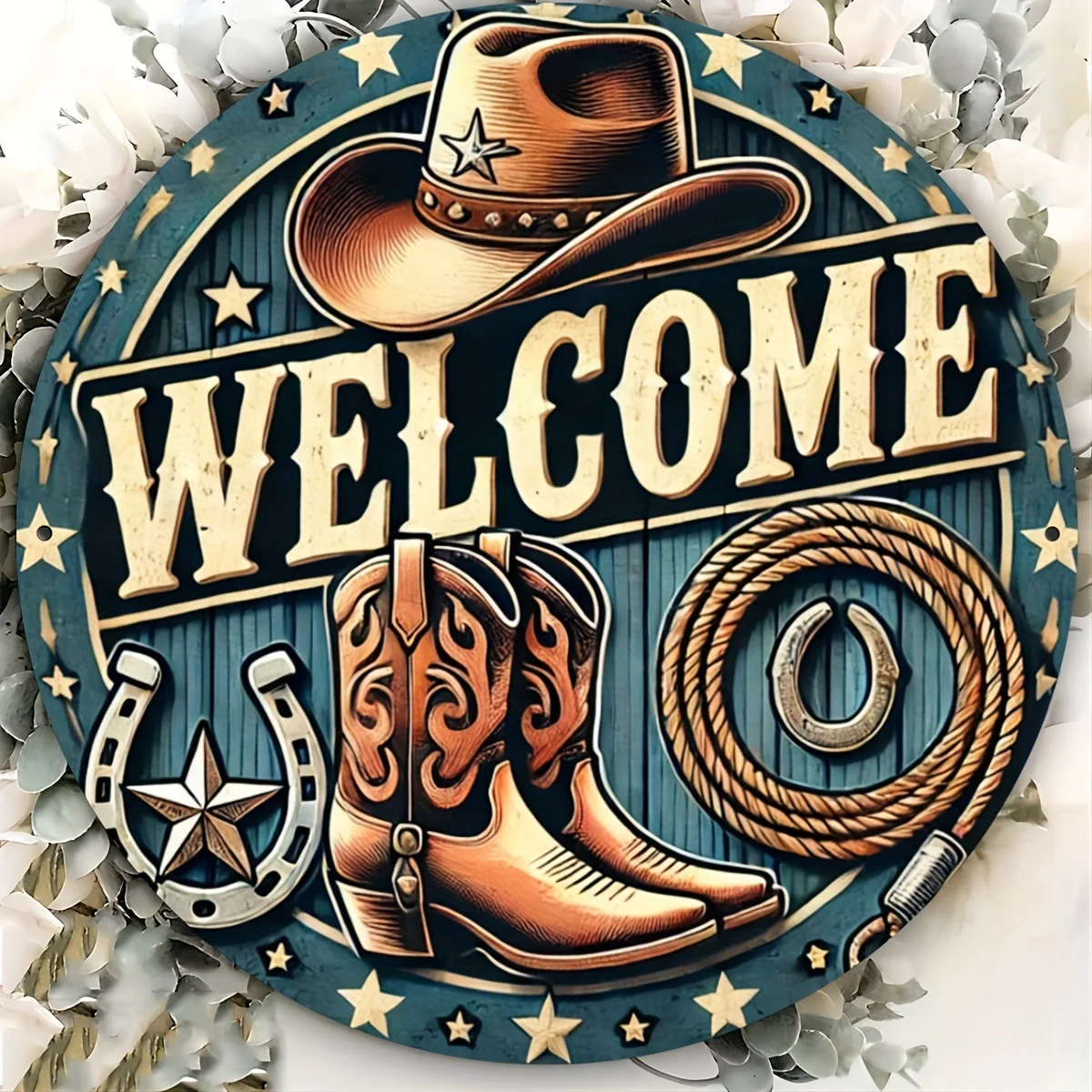 [2D Flat] 1pc Rustic Denim Welcome Sign - 7.87 Round Aluminum Door Trim with Cowboy Hat, Boot & Rope Design, Weather-Resistant F