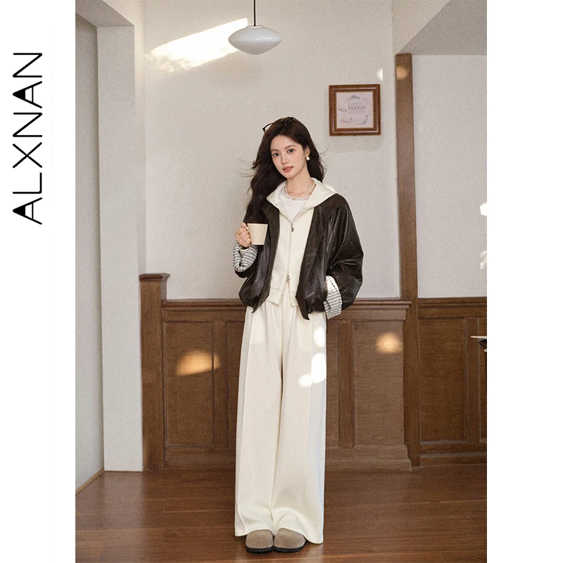 ALXNAN Casualowe spodnie z wysokim stanem, plisowane, z elastycznym pasem, damskie szerokie spodnie, miękkie, zwiewne, oddychające, uniwersalne spodnie L57960