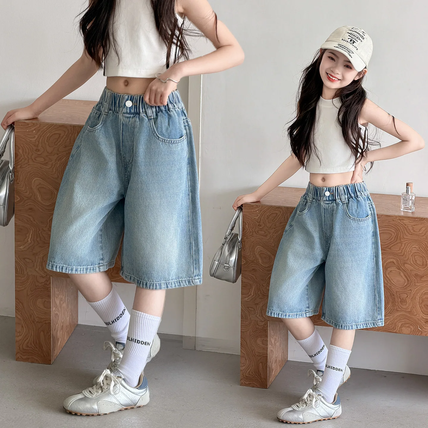Teens Girls Denim Shorts Summer Thin Style Kids Trendy and Fashionable Curved Knife Pants Children Knee-Length Mid-Length Shorts