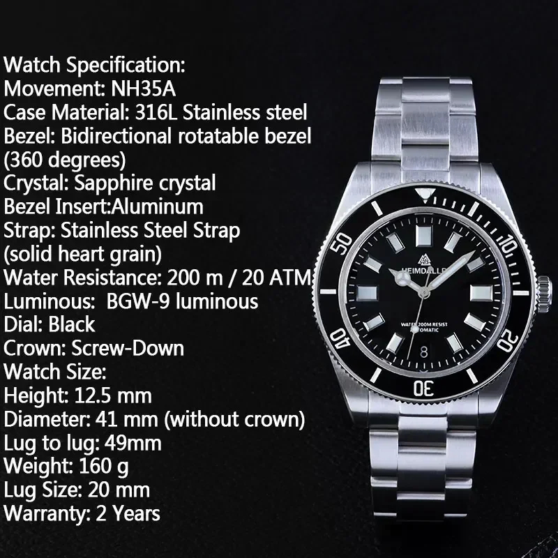 Heimdallr Men Dive Watch NH35A Automatic Movement Sapphire Glass BGW9 Super Luminous 316L Stainless Steel Original Men Watches