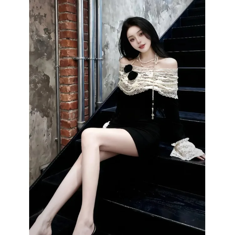 Elegant Lace Splice One Shoulder Long Sleeve Dress Women's Spring New Waist Cinching Slimming Short Skirt French Style Midi D...