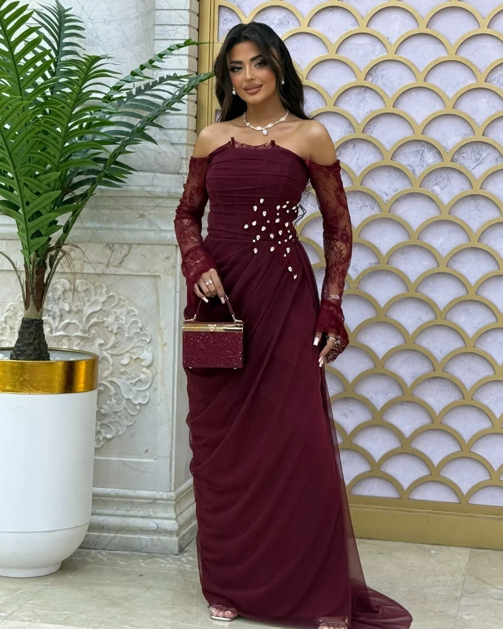 

Customized Exquisite Elegant Chiffon Lace Rhinestone Draped A-line Off-the-shoulder Long Dresses Bespoke Occasion Dresses Retro