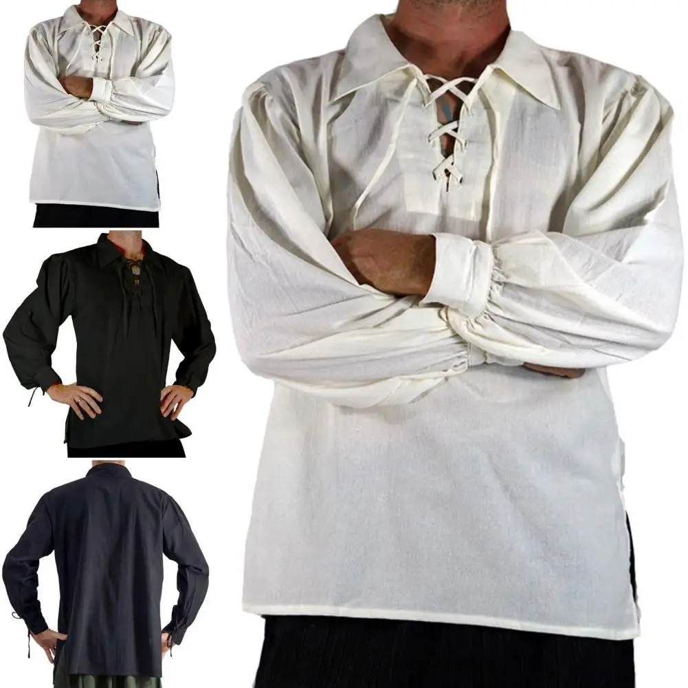 Men Vintage Shirt Medieval Renaissance Cosplay Shirt Lace-up Long Sleeve Loose Fit for Adult Men\'s Historical Costume Loose Fit