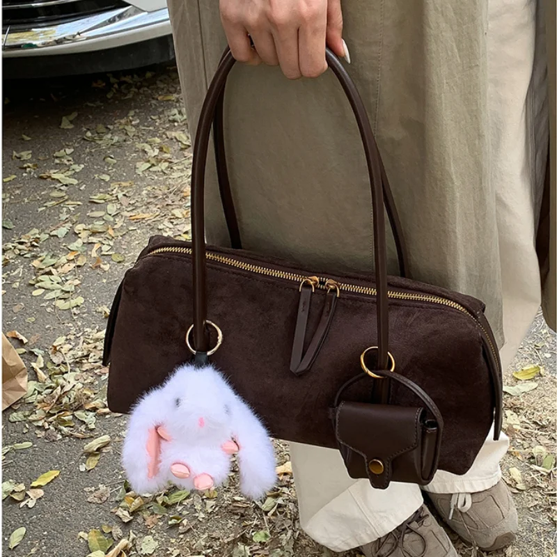 

Retro Handbag With Pendant Stylish Shoulder Bag Brand Design Simple Underarm Bag Frosted Bowling Bag Zipper Commuter Women's Bag