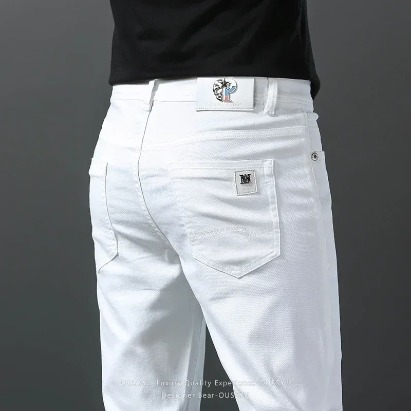 Brand Clothing 2026 Spring Summer 98%Cotton Men's Jeans White Slim Straight Fashion Business Korean Pencil Pants Trousers Man