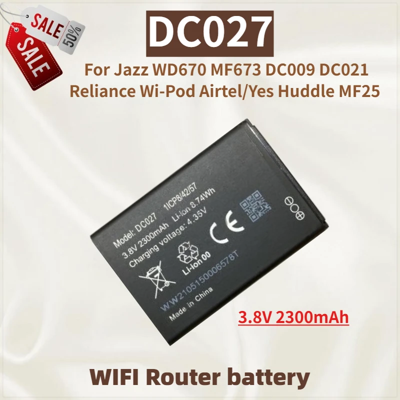 

High Quality DC027 WIFI Router battery 3.8V 2300mAh for Jazz WD670 MF673 DC009 DC021 Reliance Wi-Pod Airtel/Yes Huddle MF25
