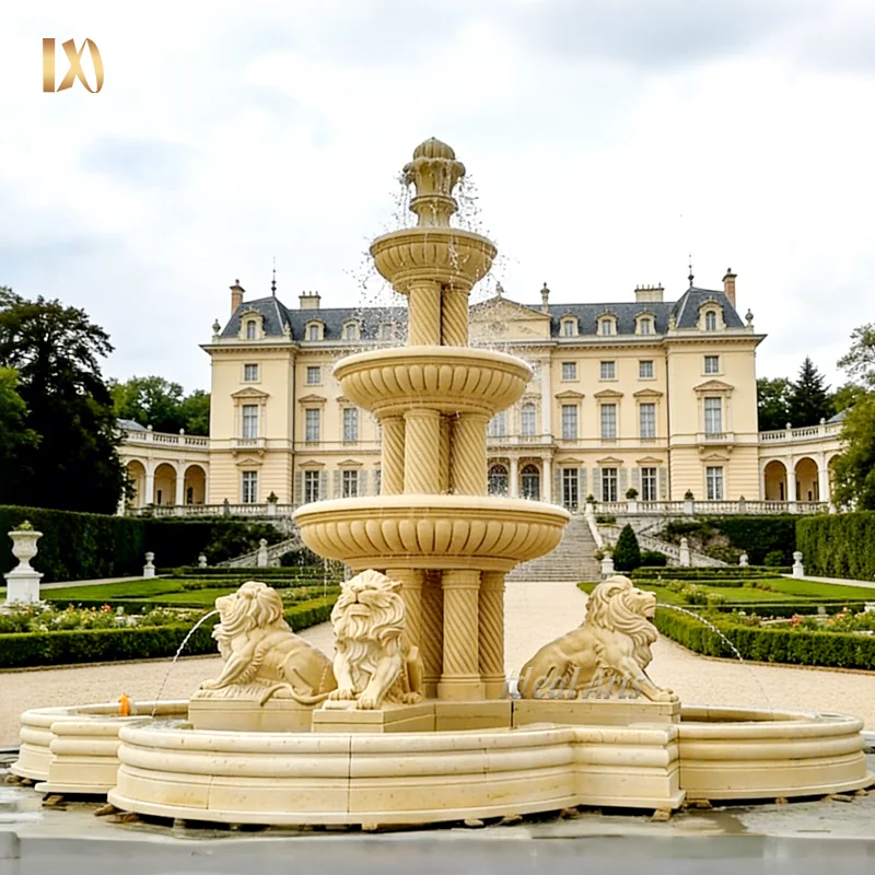 European Style Outdoor Garden Hand-Carved Beige Marble Tiered Lion Water Fountain