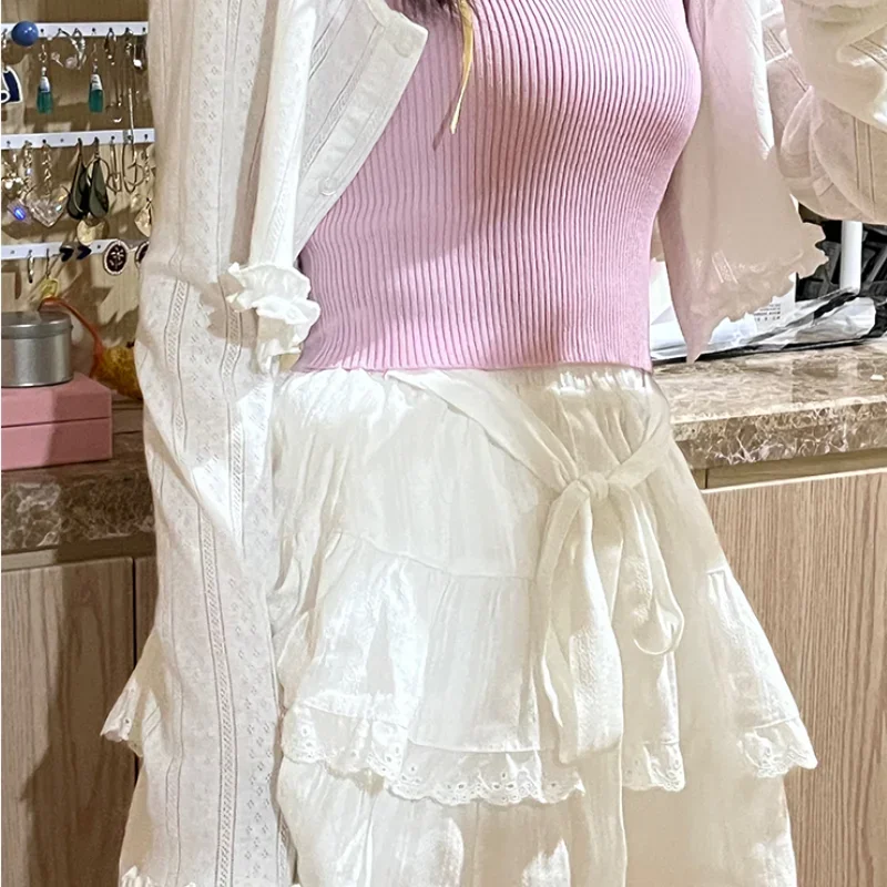 2024 New Casual Style Summer White Light Yarn Light and Breathable Bow Strap High Waist and Thin A-shaped Cake Skirt For Girl