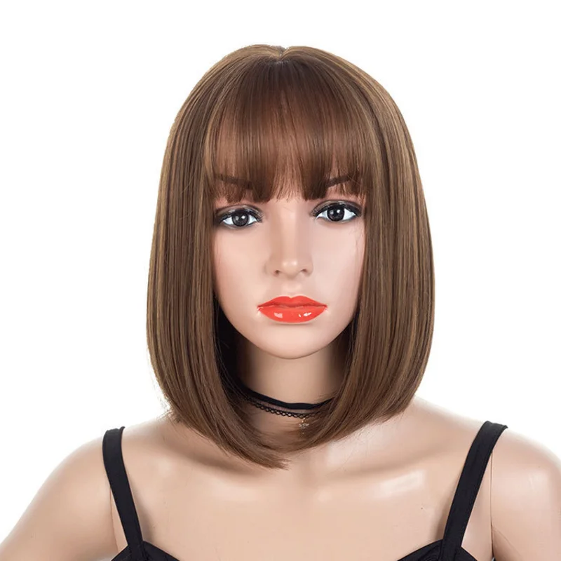Fashionable women's , brown flat bangs, straight , bobo style short hair wig