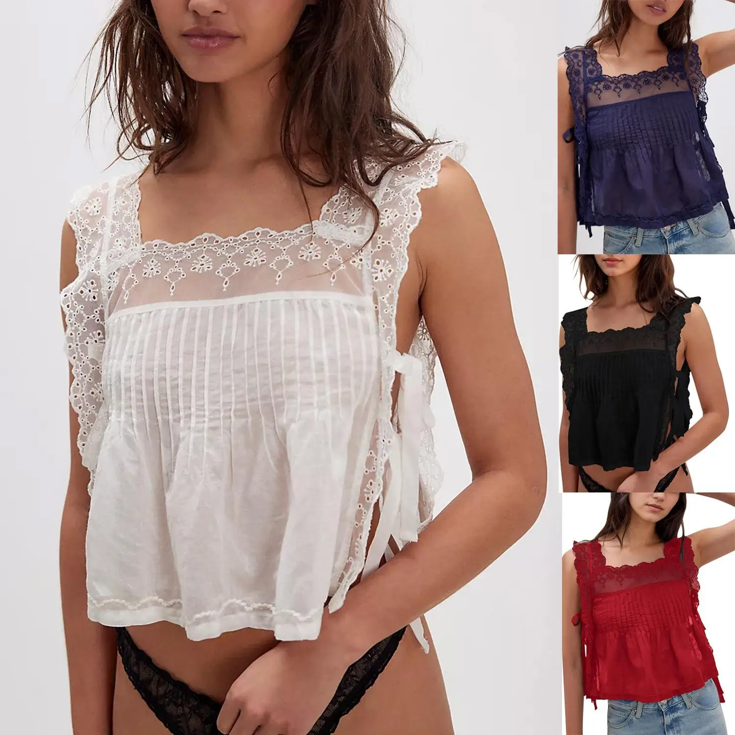 

Кружевной квадратный жилет без рукавов с подтяжкой Small irt, свободная посадка, летняя модная женская одежда премиум-класса