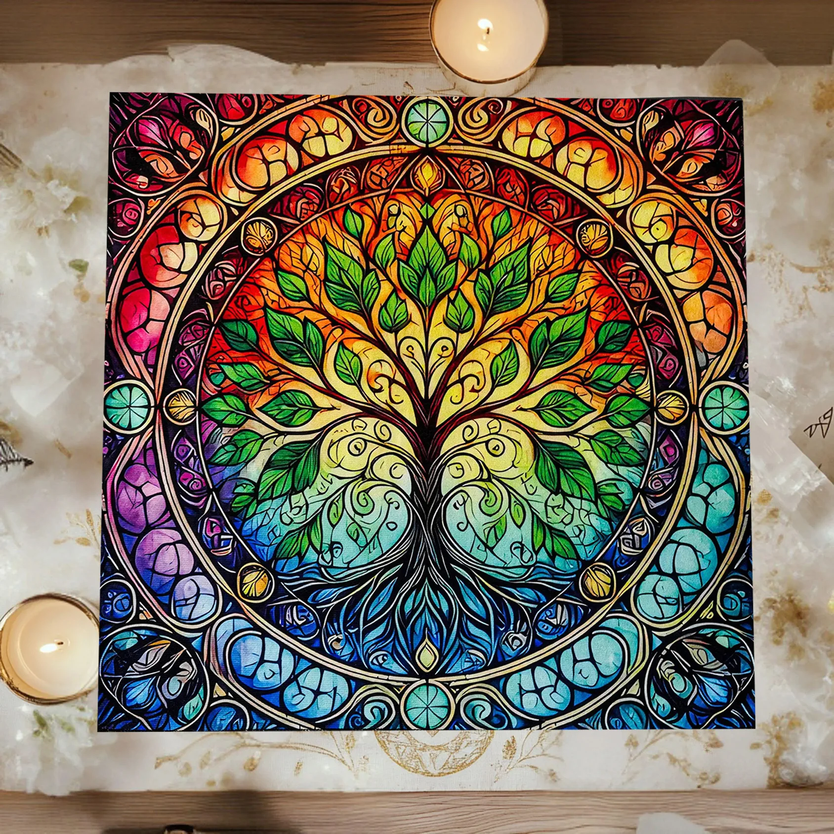 Stained Glass Tree of Life Altar tablecloth, Chakra Rainbow Witchcraft Tarot Mat, Pagan Spiritual Decor