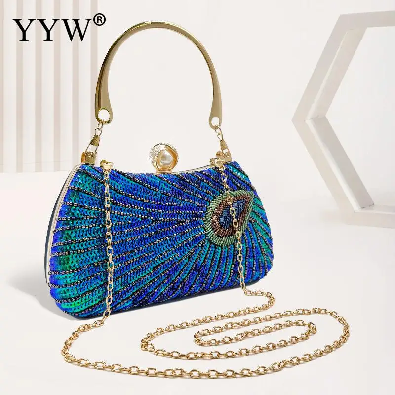 Elegant Sequins Beads Peacock Pearl Clutch Evening Handbag Shiny Bling Women Party Embroidery Messenger Purse Metal Chain Bag