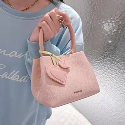 TOUTOU Original Bucket Bag New Textured Leather Red Small Handbag Pink Cherry Pendent Tote Bag Fashion Cute for Cosmetics Makeup