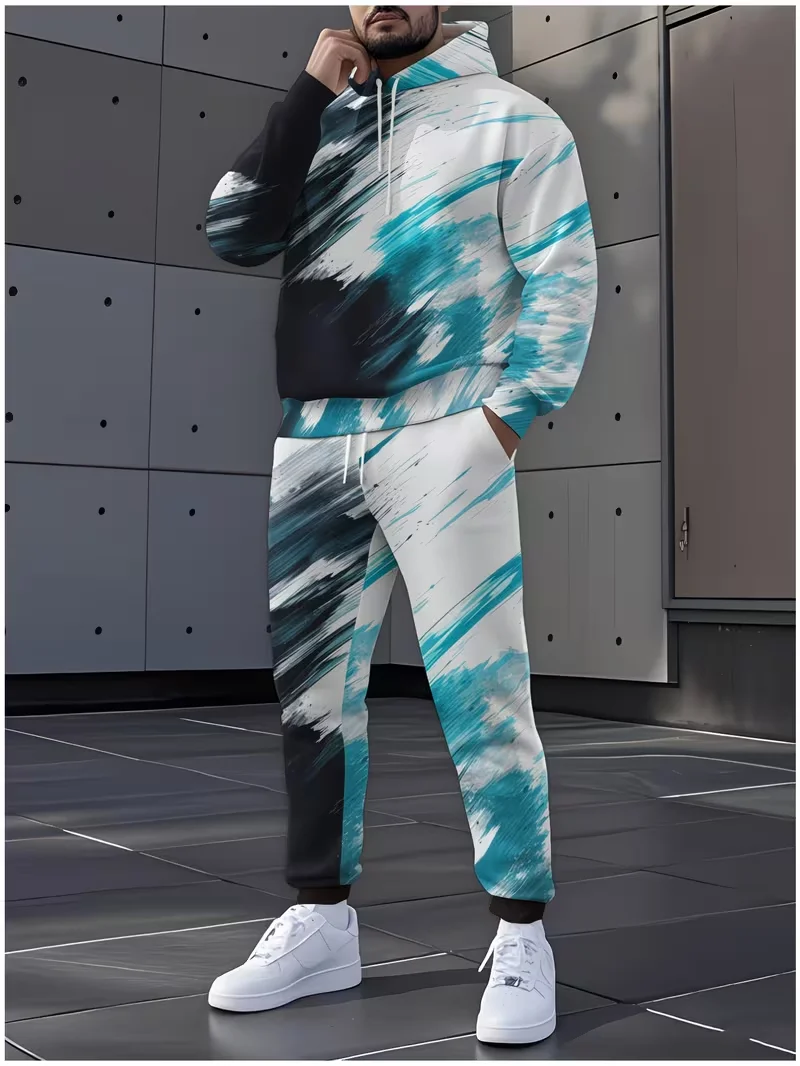 

Men's Abstract Brush Stroke Tie Dye Hoodie Tracksuit Casual Athletic Jogger 2 piece Pants Set Streetwear Sweat Suit Oversized