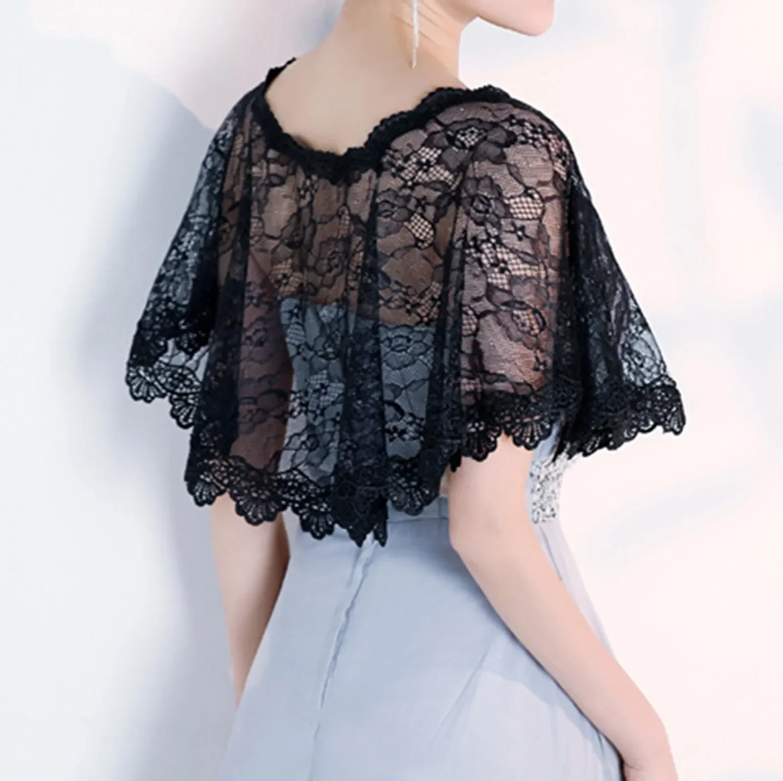 Fashion Ruffled Neck Lace Thin Shawl For Oktoberfe Solid Color Crop Top Women Elegance Lightweigh Flower Hollow Out Cool Blouse