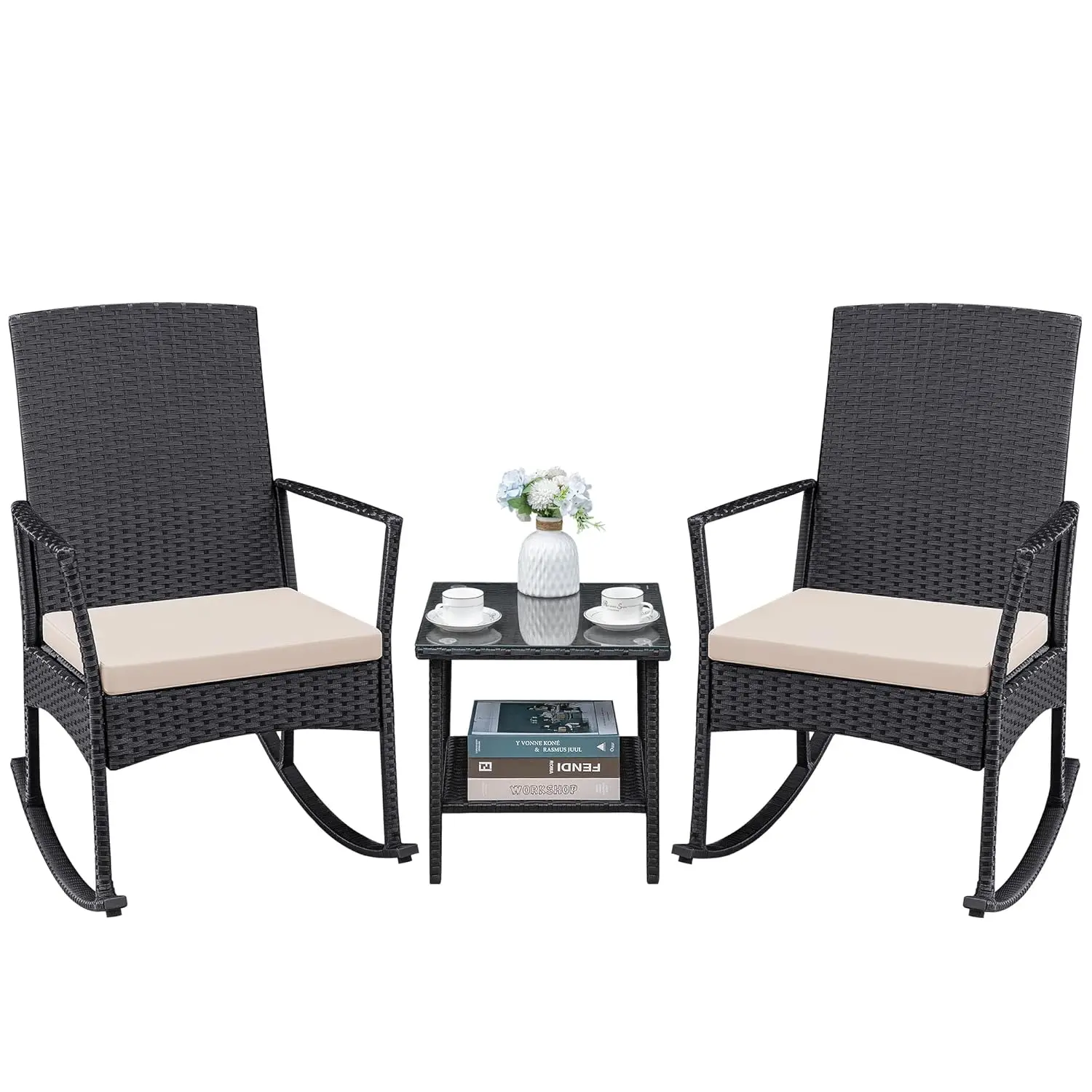

3pc Rattan Rocking Chair Patio Set w Glass Table for Garden Backyard Porch Poolside, Customized