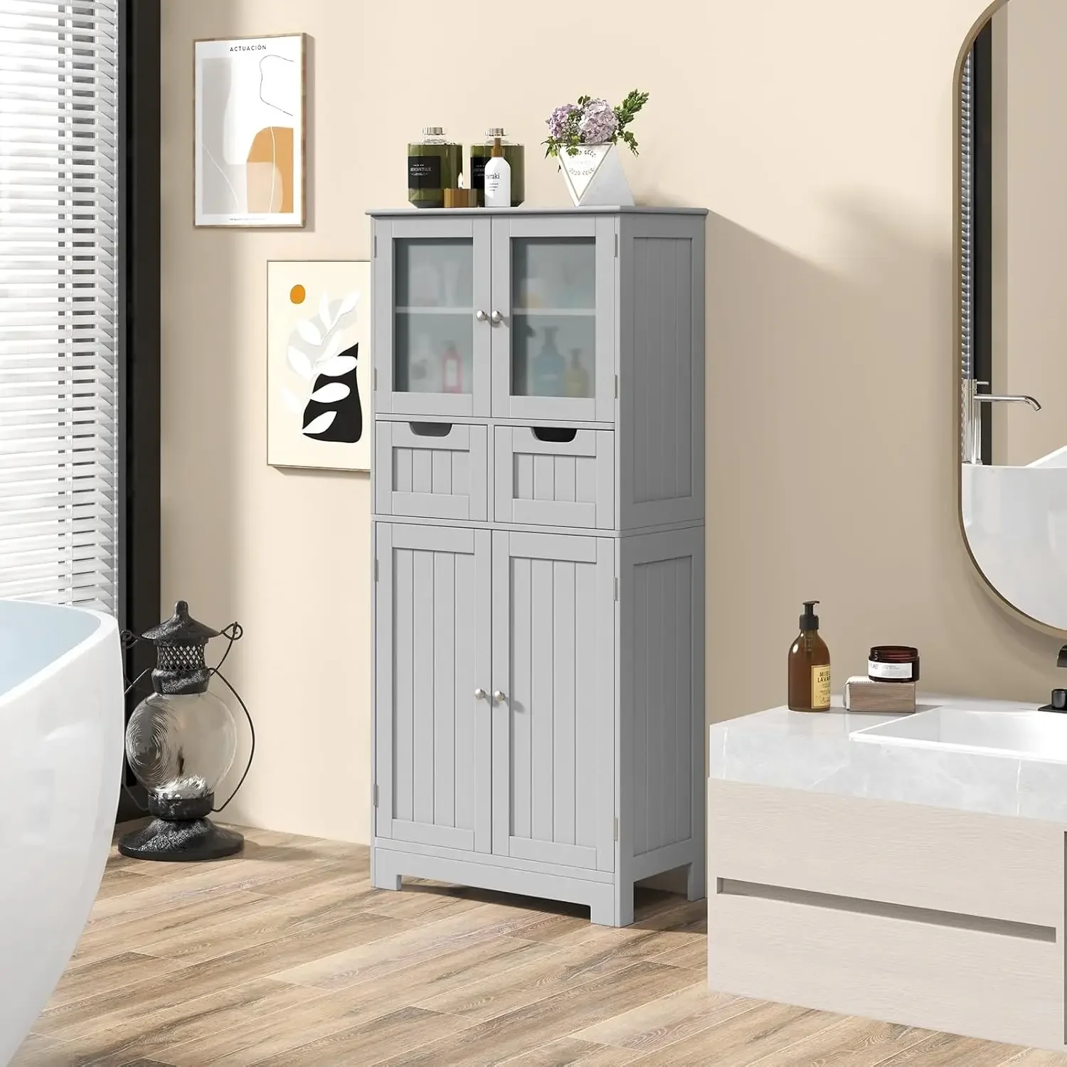 Tall Bathroom Storage Cabinet, Freestanding Floor Cabinet w/ 2 Double Door Cabinet & 2 Drawers, 3-Position Adjustable Shelves, B