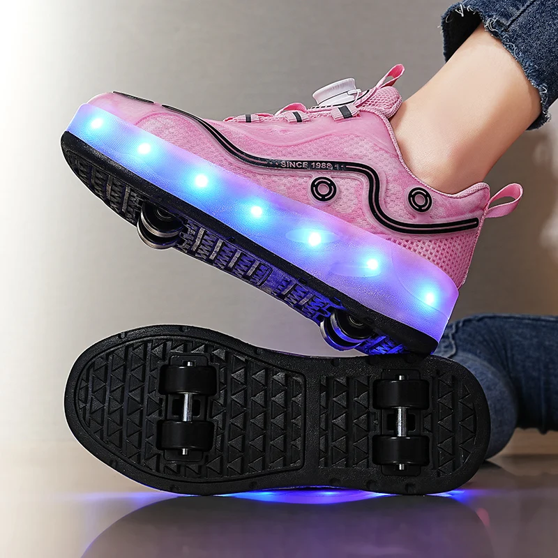 New Kids Swivel Buckle Roller Skates Wings Shoes Children Four Wheels Luminous Sneakers Boys Girls Led Light USB Charging Shoes