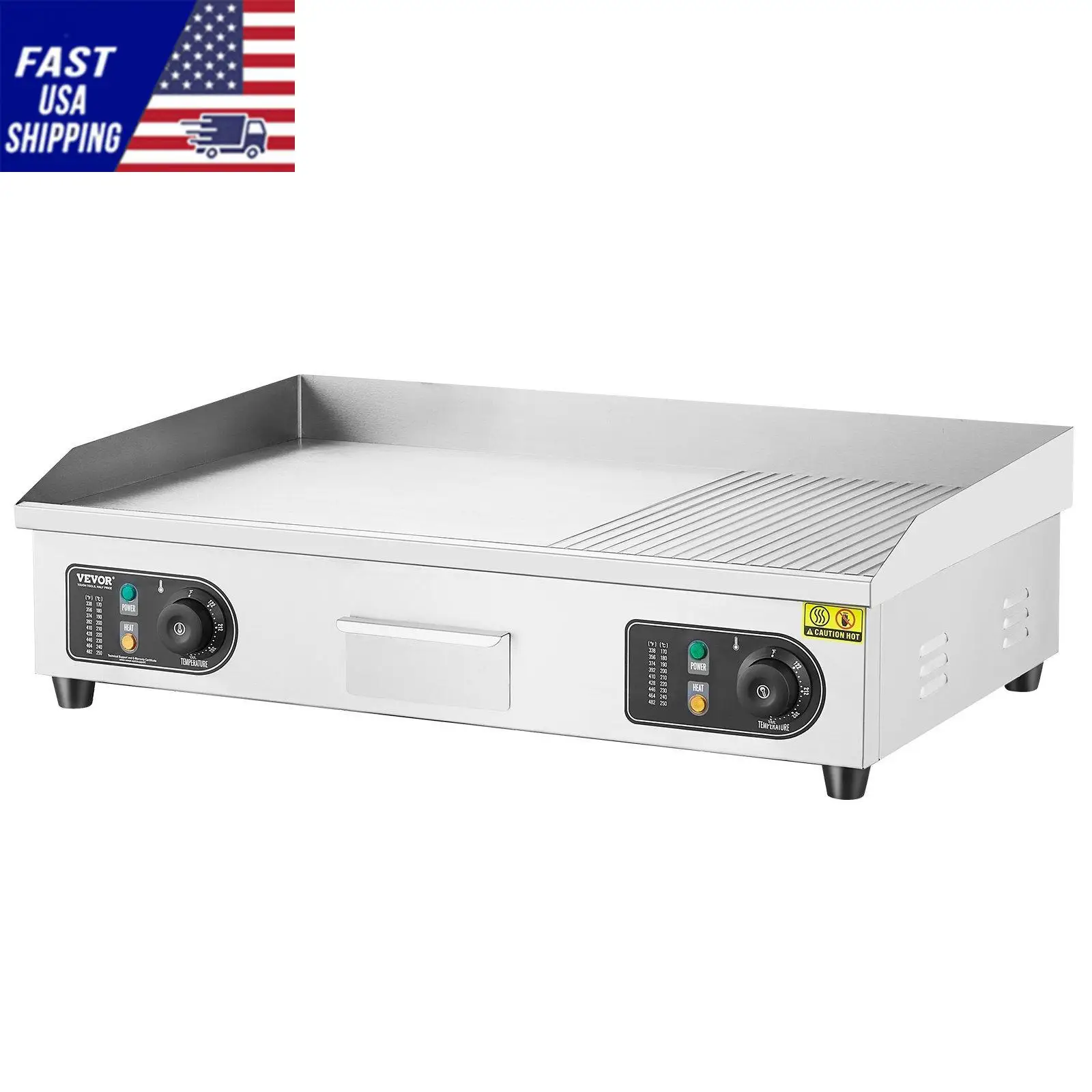 Commercial Electric Griddle, 2800W Countertop Half-Flat Top Grill, 122°F-572°F Adjustable Temp