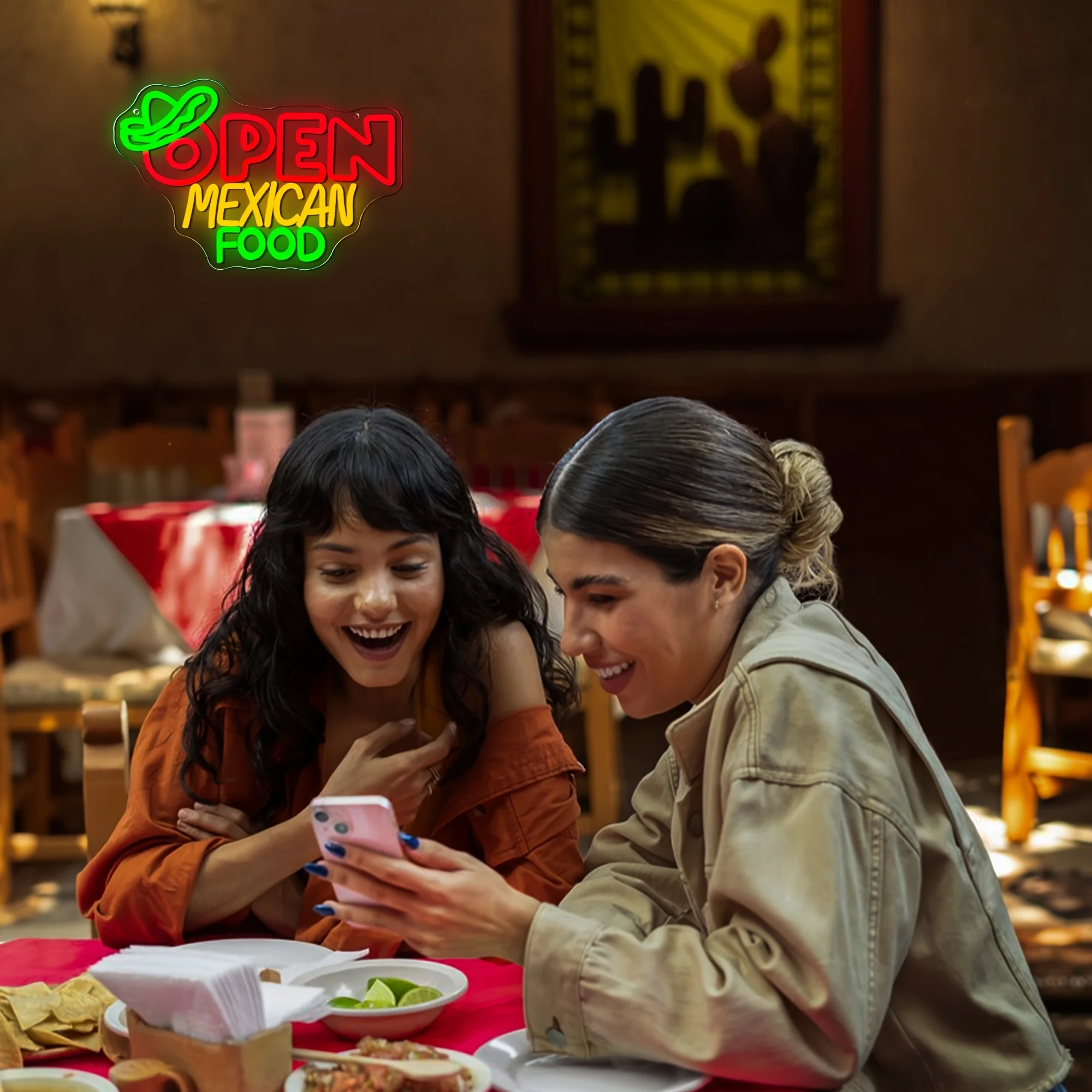 レストラン、タコスパーティー、テーマイベント用のLEDオープンメキシコフードネオンサイン - 装飾的なウェルカムサイン、レストラン照明