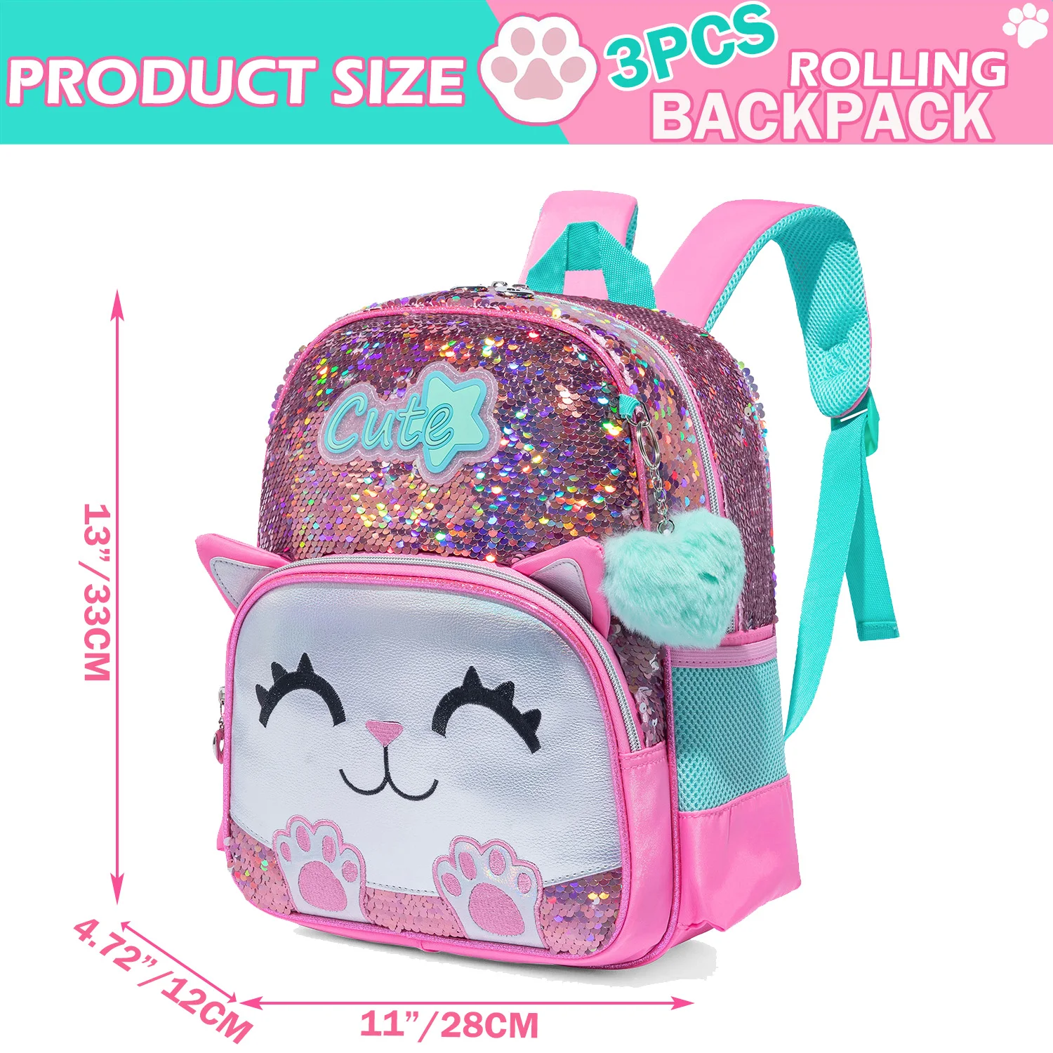 3PCS Cute Cat Backpack for Girls PU Leather Bookbag for Elementary School with Lunch Bag And PenBag