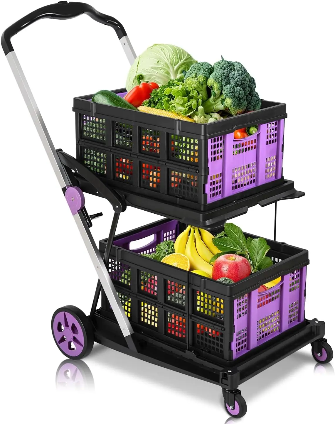 

Collapsible Shopping Cart with 360° Swivel Wheels, Adjustable Portable Trolley for Picnic and Supermarket Use in Purple