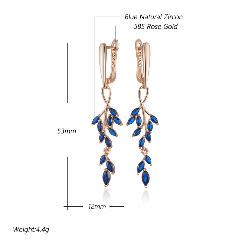 Kinel Full Blue Natural Zircon Leaf Shape Long Dangle Earrings For Women Fashion 585 Rose Gold Color High Quality Daily Jewelry
