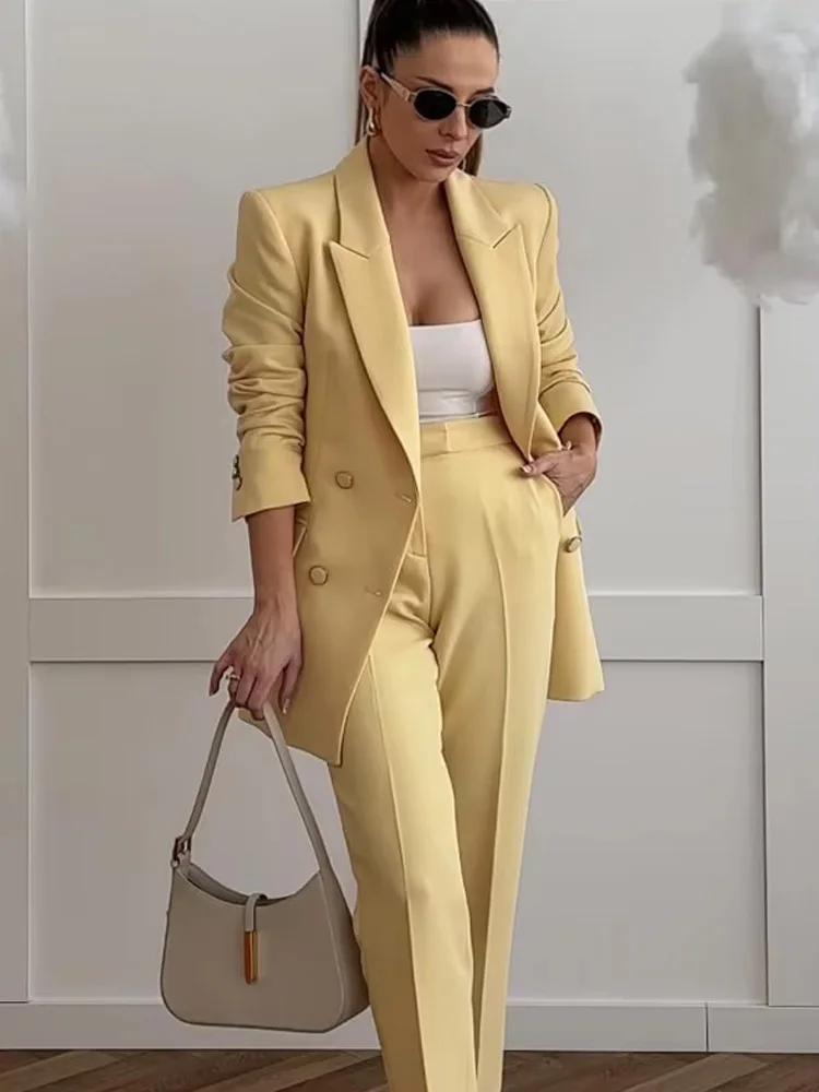 

HH 2025 Fashion Women Lapel Double-Breasted Pocket Casual Blazer Coat+High Waist Zipper Loose Trousers 2 Piece Set Mujer