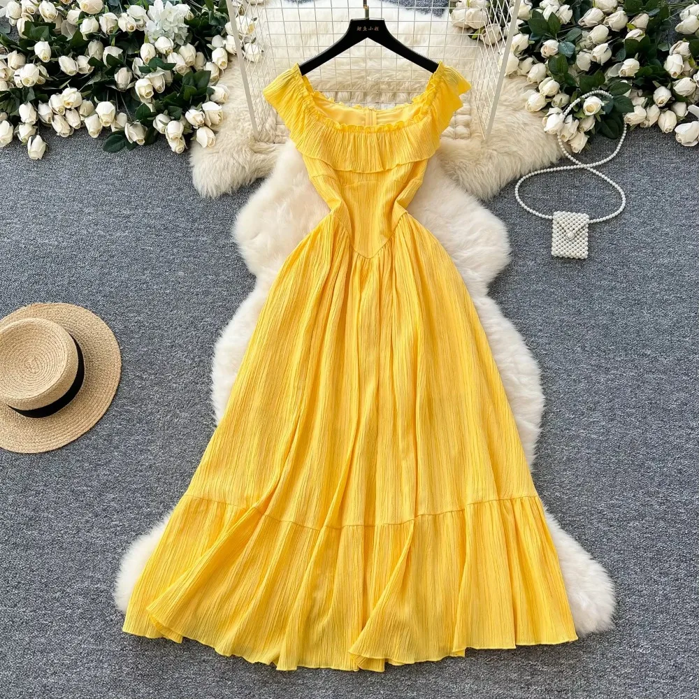 Elegant Slash Neck Vintage Ruffle Spliced Sexy Chic Slim Fairy Long Dresses French Vacation Hotsweet High Street Women Clothing