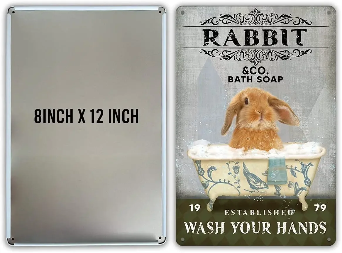 Funny Bathroom Quote Rabbit & Co Bath Soap Metal Tin Sign Wall Art Decor, Wash Your Hands Sign for Home Bath Room Decor Gifts