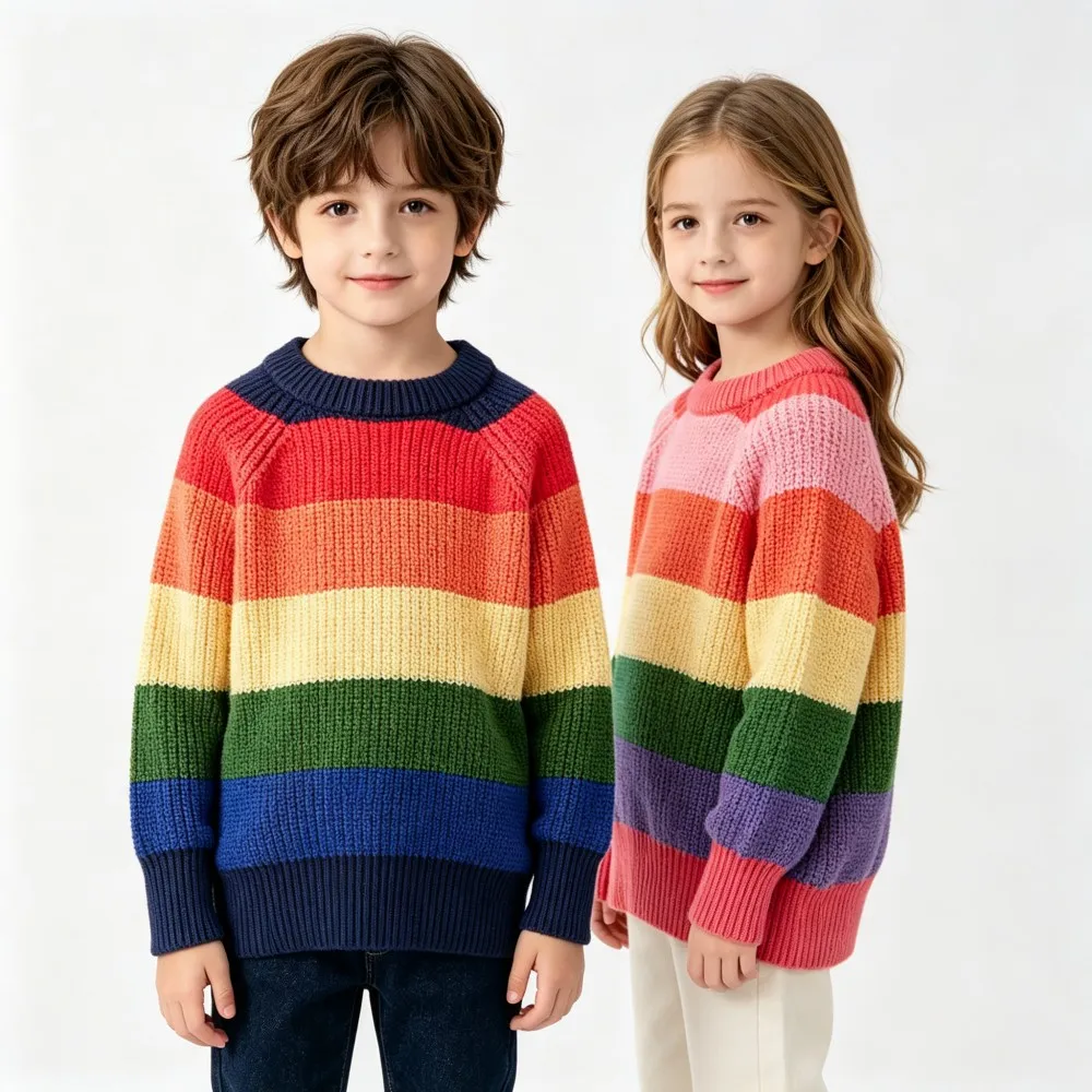 Cute Kids Rainbow Knit Pullover Boys Girls Loose Fit Long Sleeve O‑Neck Sweater Toddler Autumn Winter Knitwear Garment