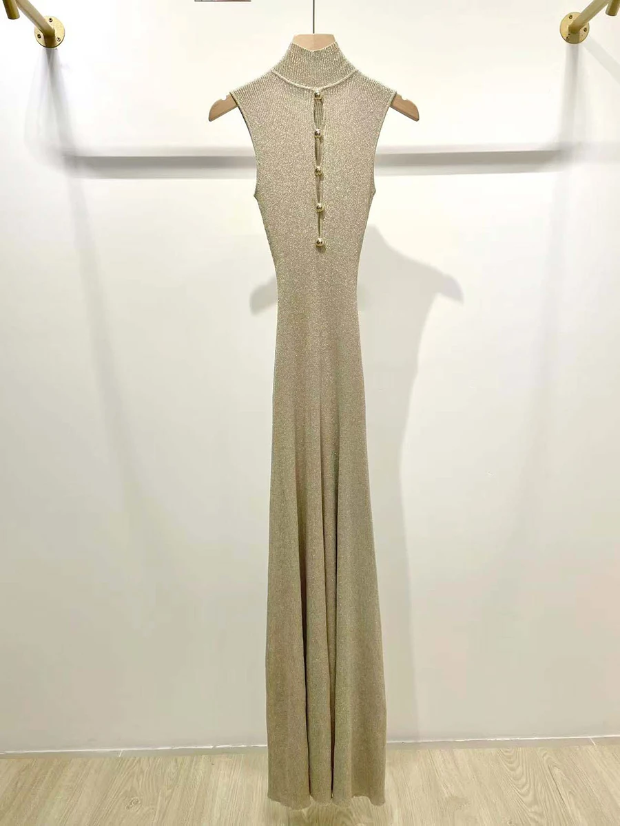 VGH エレガントなスプライスカットアウトドレス女性のためのスタンドカラーノースリーブハイウエストパッチワーク折り目冬ミニマリストドレス女性