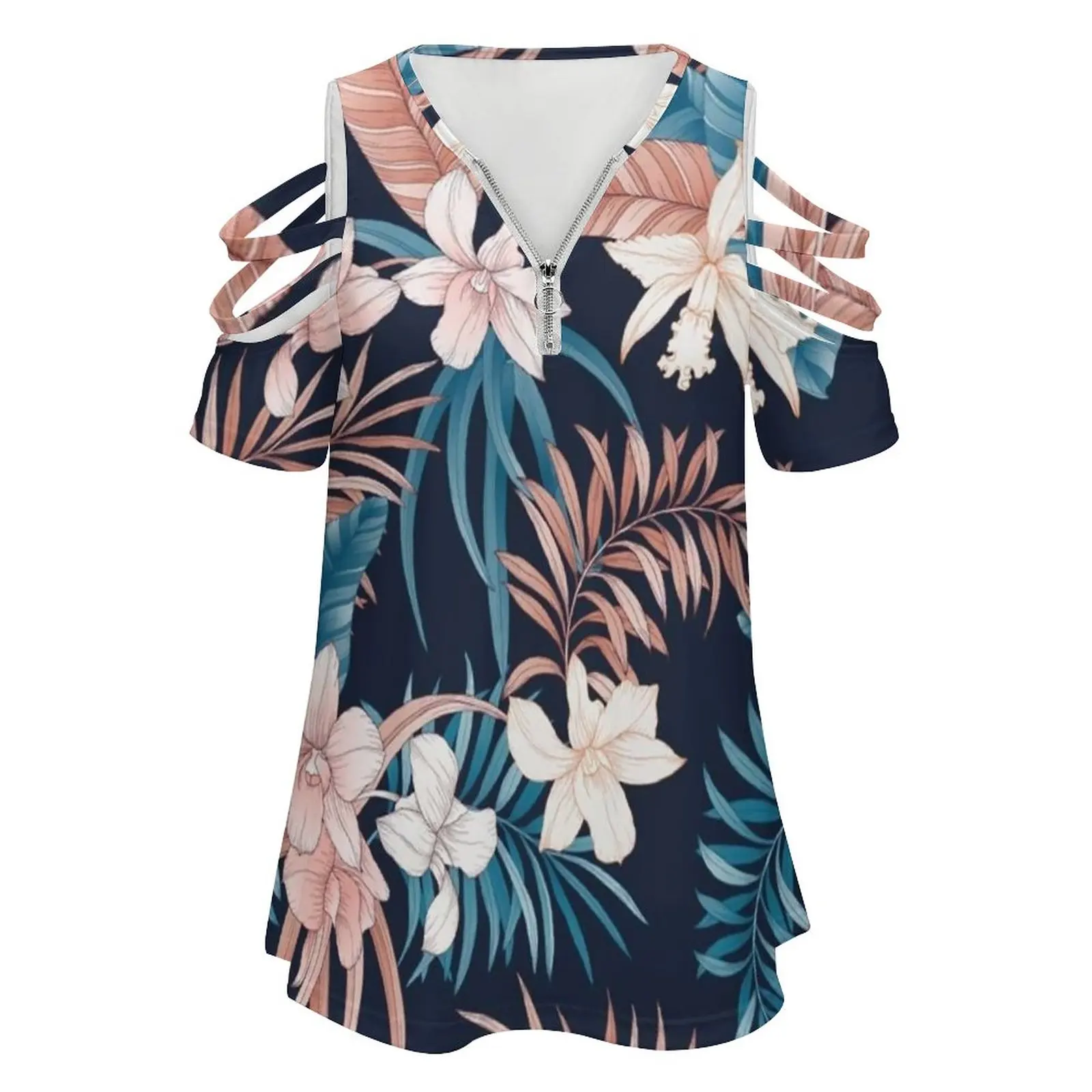 Tropical Orchid Print In Navy New Fashion Zip Off Shoulder Top Short-Sleeve Women Shirt Tropical Hawaiian Orchids Leaves Palm