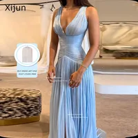 Xijun Sexy Blue Silk Satin Long Evening Dresses V-Neck Sleeveless Prom Dresses Saudi Araric Formal Occasion Prom Gowns Customize