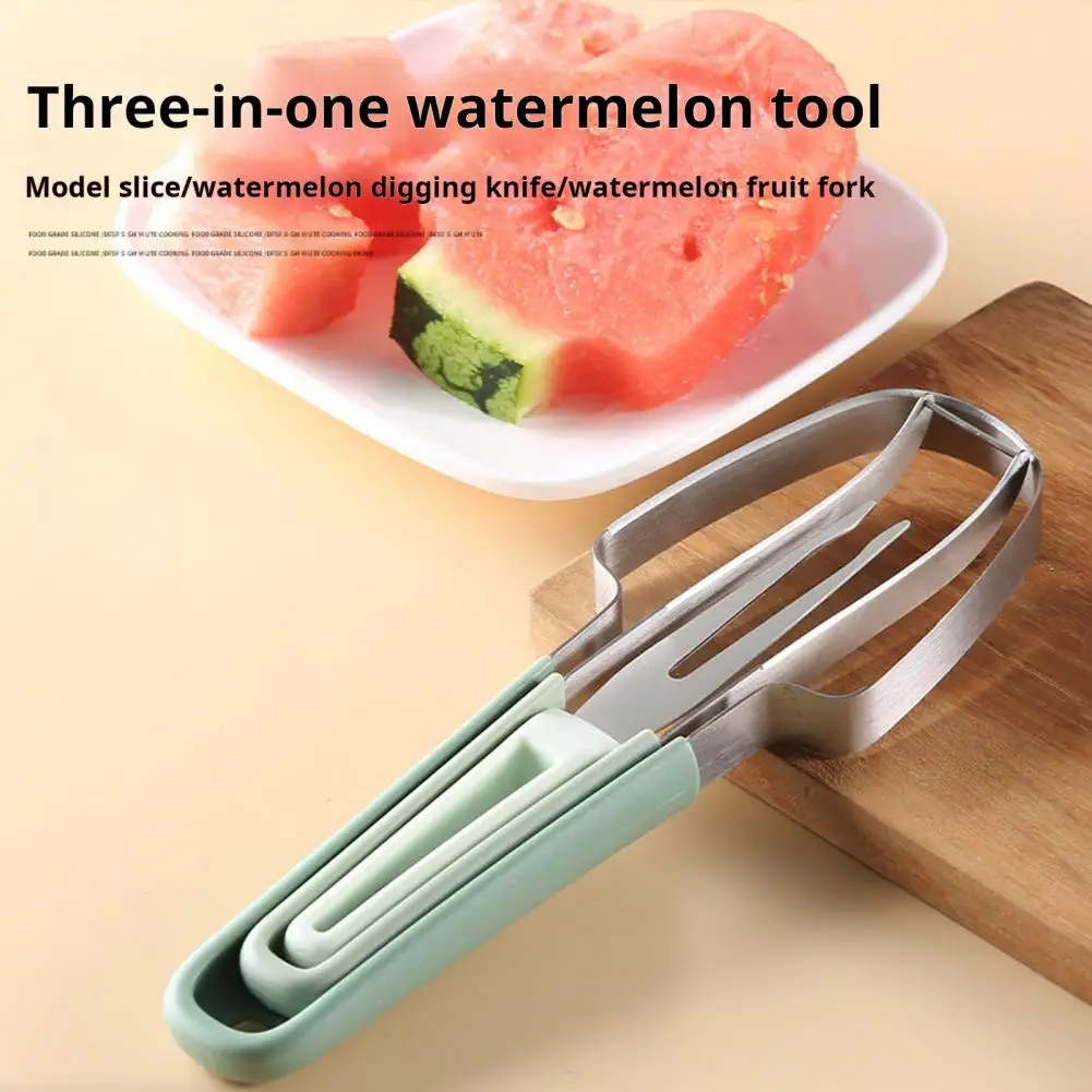 3-In-1 Watermelon Cutter Set Stainless Steel Fruit Knife Fork Melon Scoop Food-Grade Kitchen Tool For Cantaloupe Kiwi Ice Cream