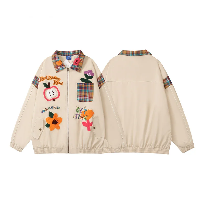 

W2EJOURNEY EU US Size High Quality Retro Patchwork Plaid Cartoon Embroidery Jacket Unisex Loose Casual Coat Jacket