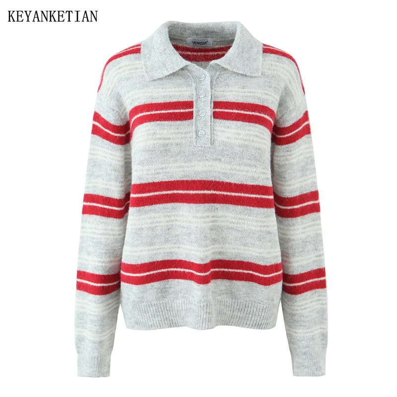 

KEYANKETIAN 2026 Spring New Women's Polo collar Striped Knitted Top American Retro Loose Thin Pullover Long Sleeve Knit sweater