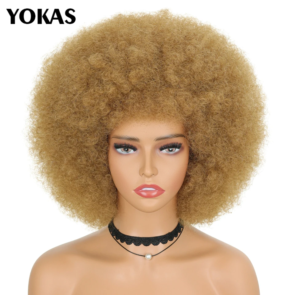 Short Afro Kinky Curly Wig With Bangs Synthetic Hair Female Blonde Pink Black White Blue Brown Purple Wigs For Black Women YOKAS