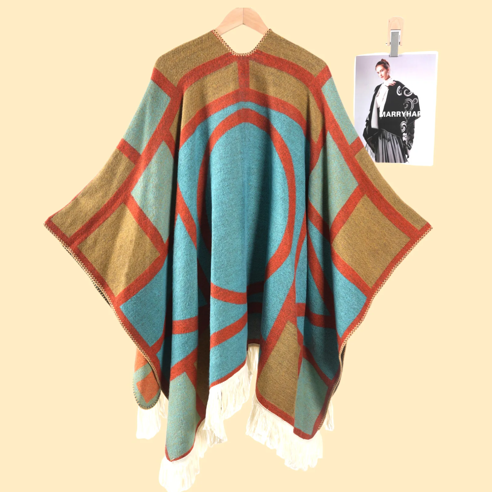 Nuovo poncho geometrico etnico svasato ispessito mantello avvolgente per le donne mantello da viaggio per fotografia