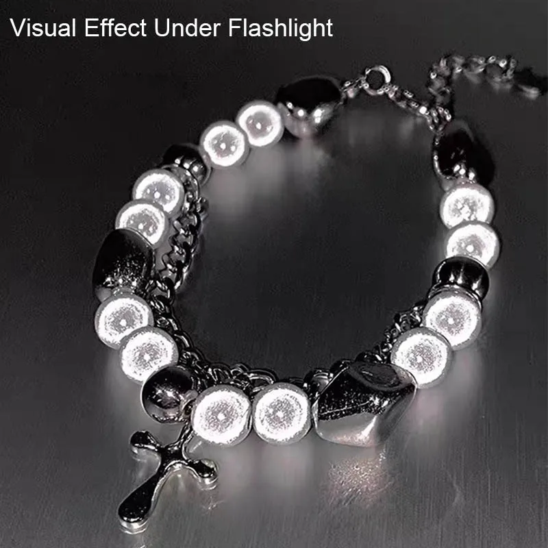 Shiny Reflective Pearl Bracelet for Women Men Jesus Christ Cross Pendant Charm Bracelet Girls Punk Hip Hop Hand Chain Jewelry