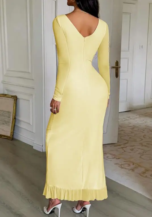 

2025 Autumn/winter Women's Stylish Formal Maxi Dress Elegant Bodycon Fit with Mesh Sleeve and V-Neck Ruffle Slit Detail Dress