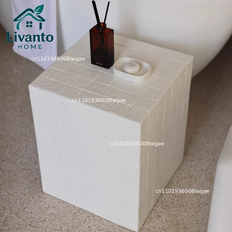 

White Geometric Side Table Mosaic Pattern End Tables Modern Minimalist Coffee Table for Living Room Artistic Home Furniture