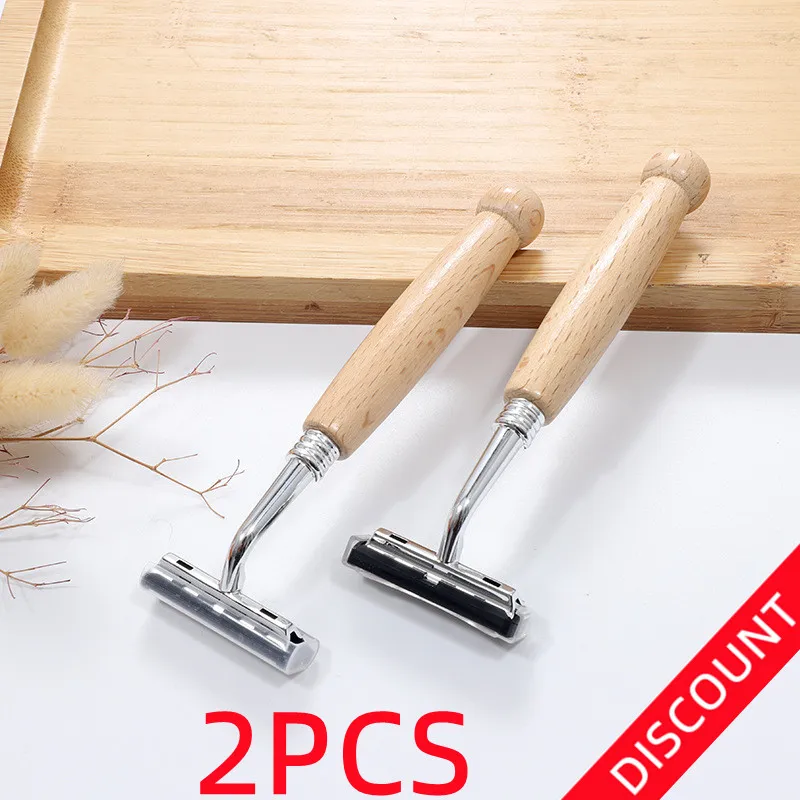 2Pcs Bamboo Razor Bamboo Handle Men Vintage Manual Shaver Stainless Steel Blade Razor