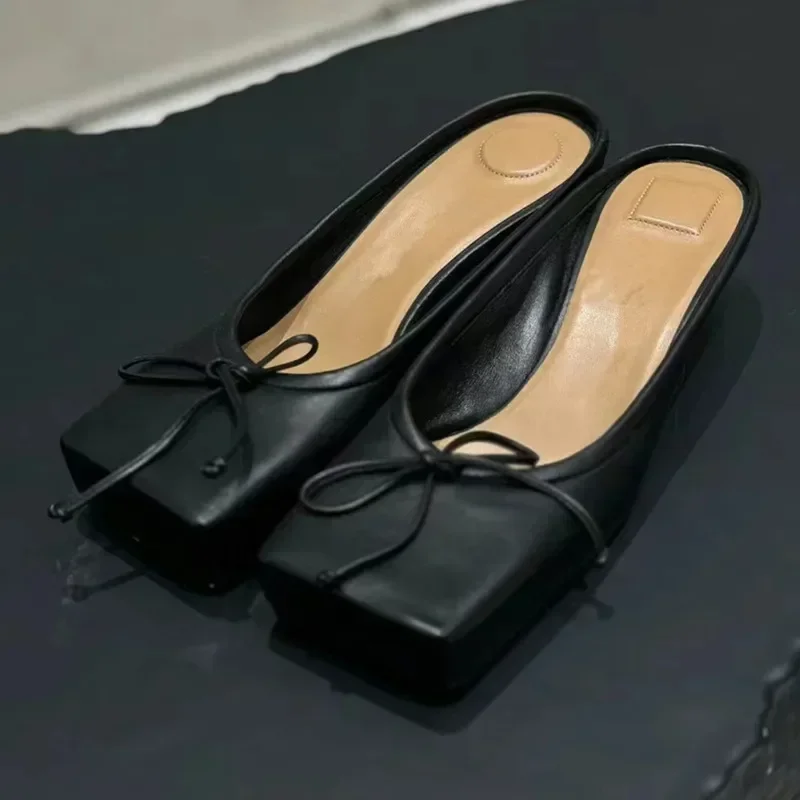 New Designer Mule Pumps Women Brand Square Toe Sandals Women Bow Sexy Party Dress Shoes Elegant Luxury High Heels Slippers Women