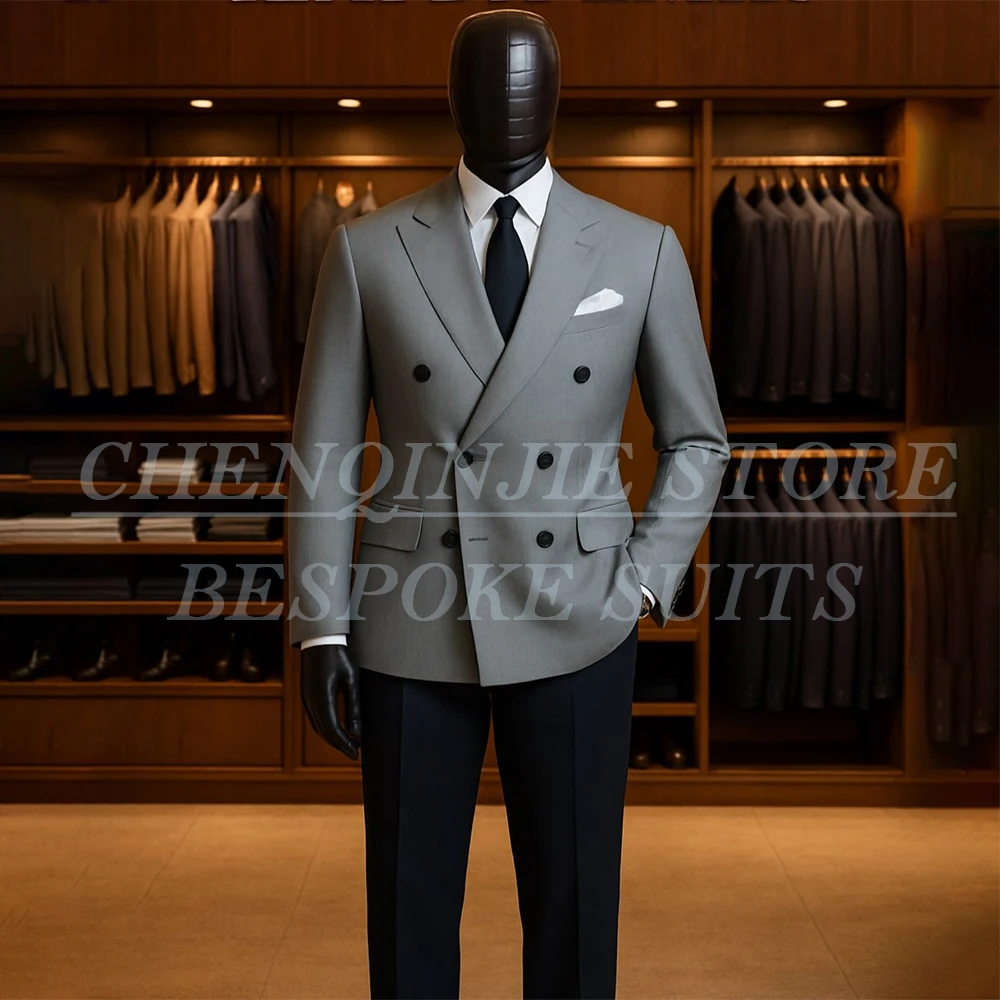 Formal Men's Suits Slim Fit Double Breasted Peak Lapel Skinny 2 Piece Jacket Pants High Quality Male Clothing for Business Terno