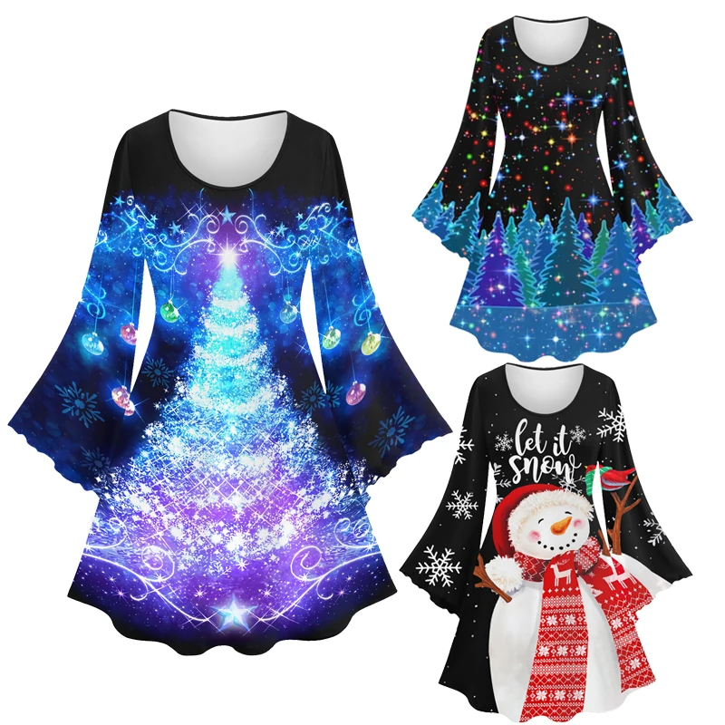 Plus Size Christmas Dress 2023 Women Autumn Winter Printed Flare Sleeves Thin  Knee-Length Dresses Casual 3D Graphic Vestidos 6X